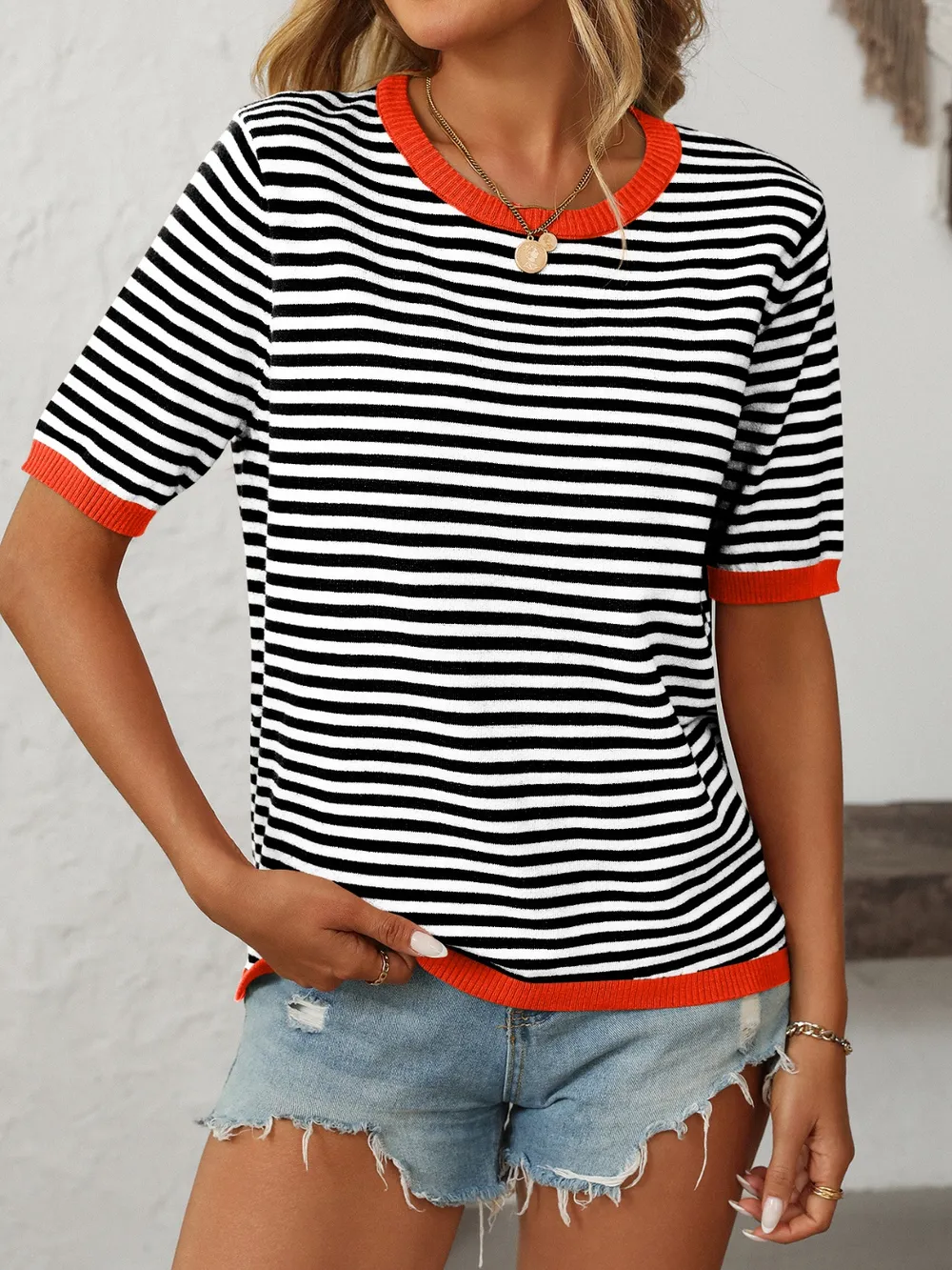 Striped Round Neck Half Sleeve Knit Top, image 8