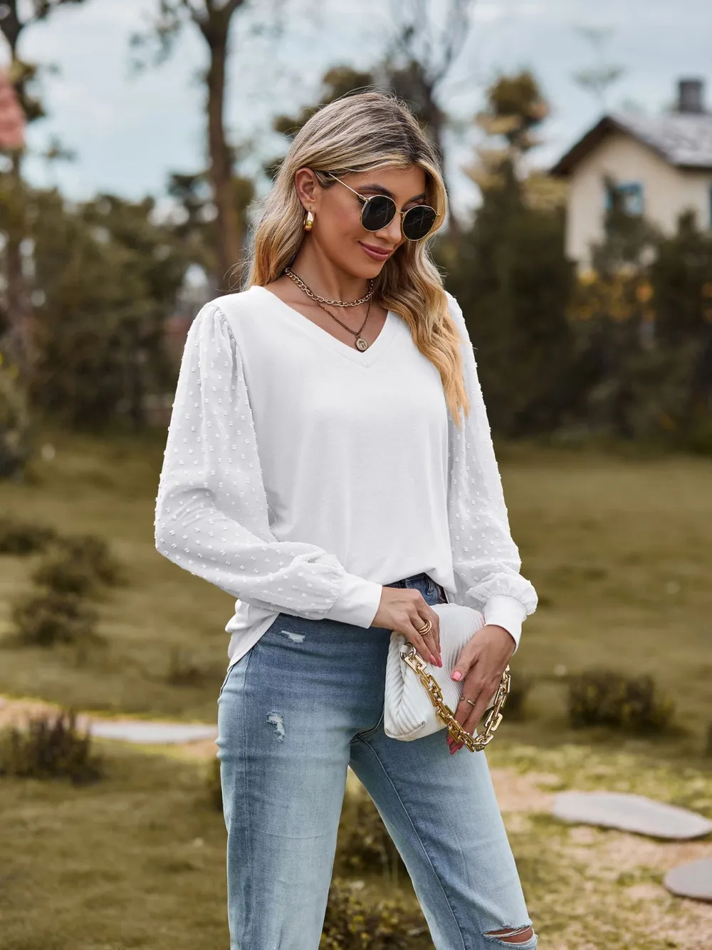 Swiss Dot V-Neck Long Sleeve Blouse, image 7