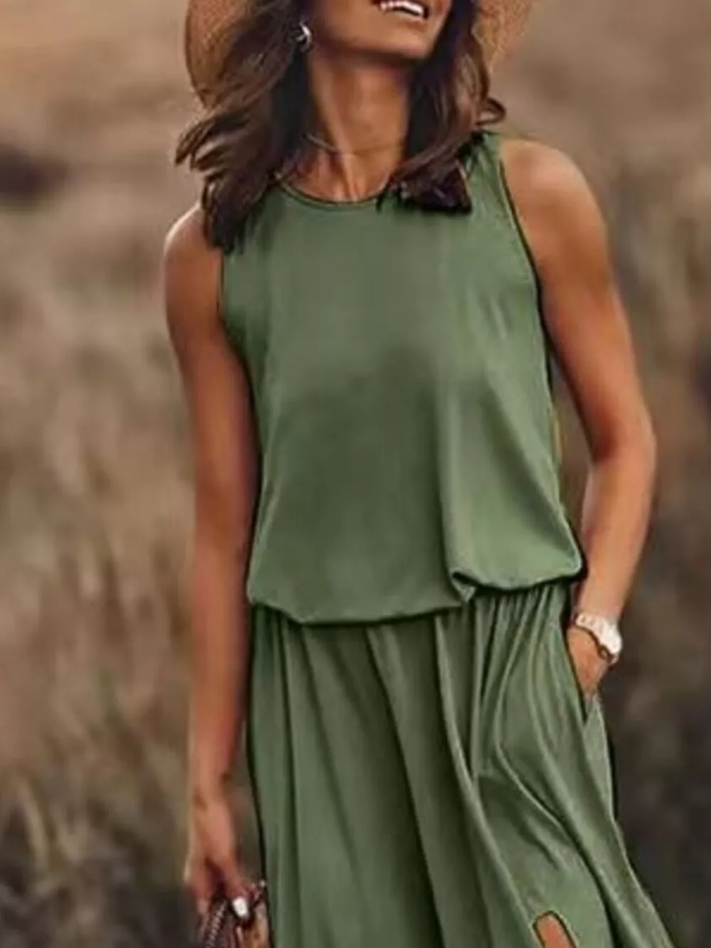 Full Size Round Neck Sleeveless Slit Maxi Dress Plus Size, image 8