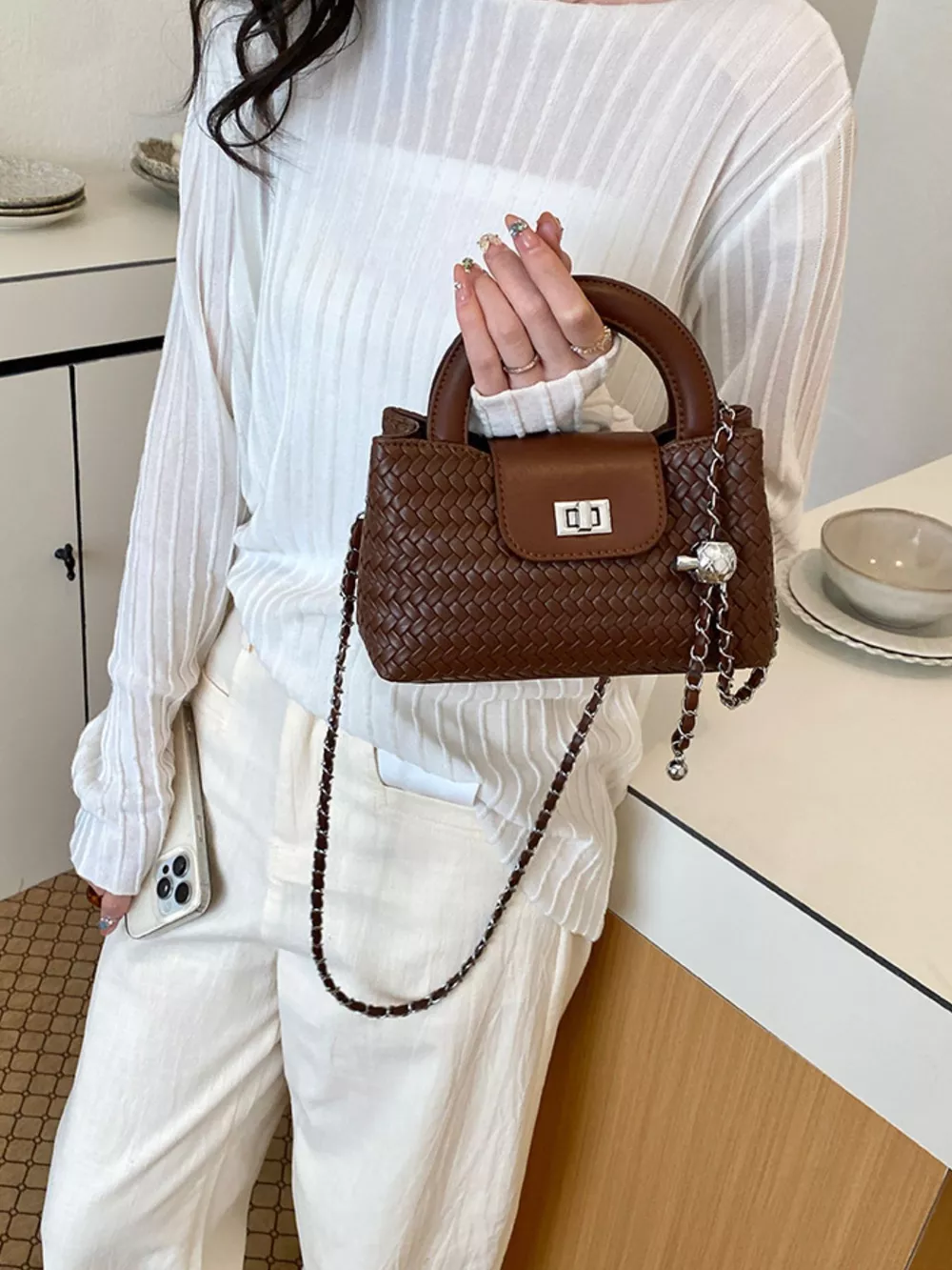 Woven Texture Crossbody Bag with Chain Strap, image 3