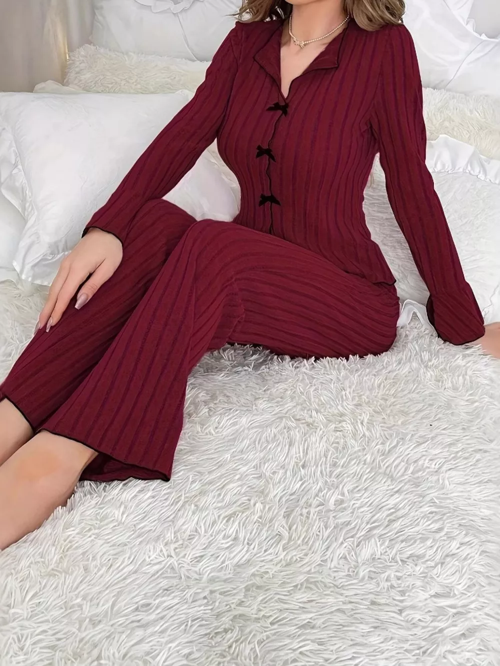 Ribbed Bow Front Top and Pants Lounge Set, image 12
