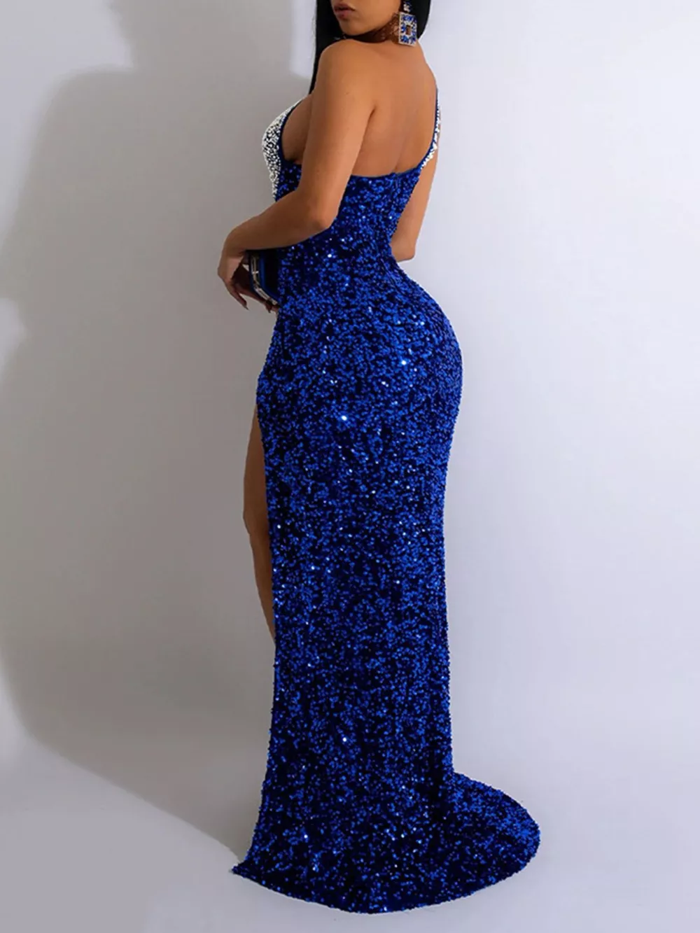 Rhinestone One-Shoulder High-Slit Maxi Dress, image 2