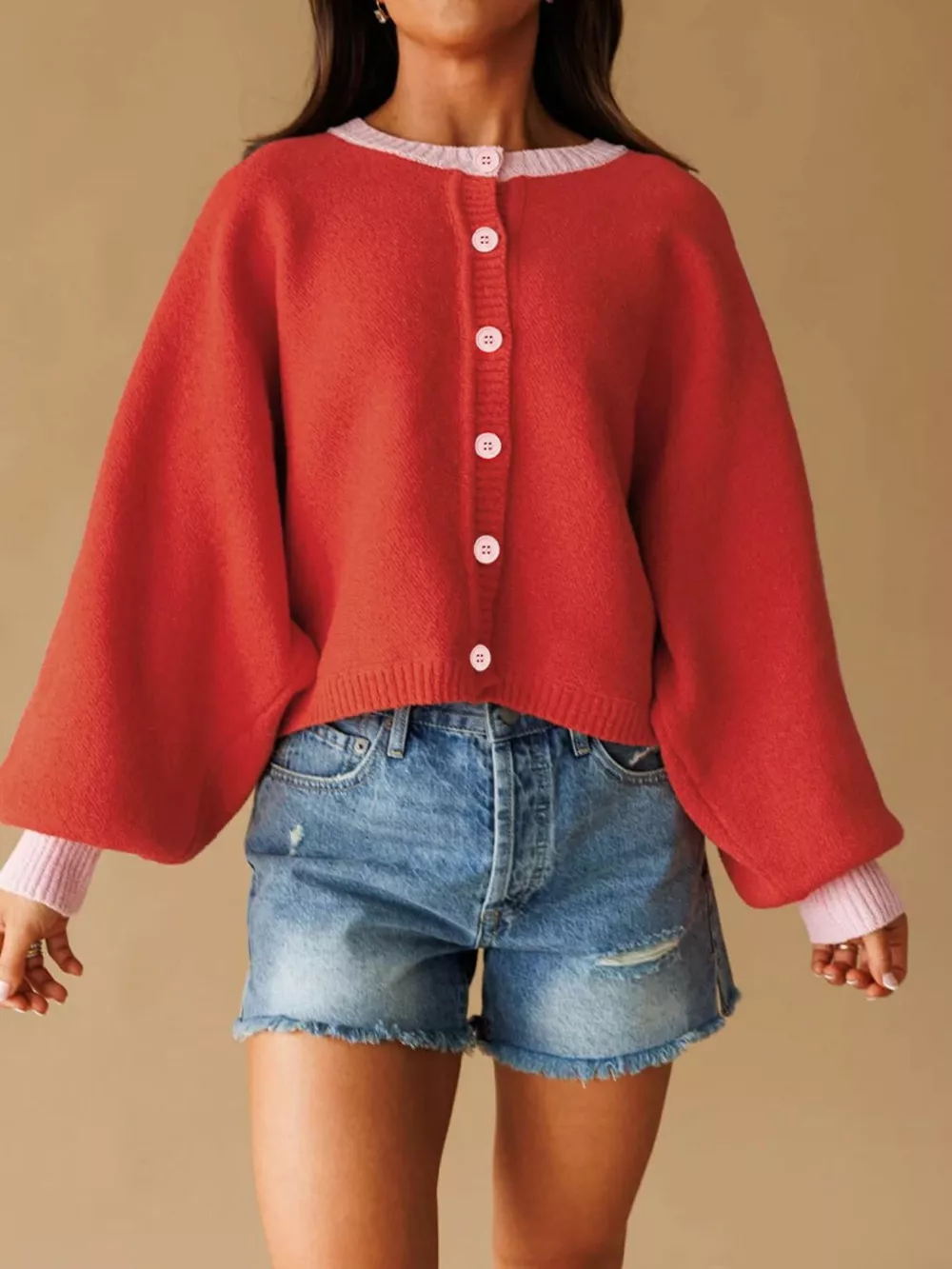 Button-Front Knit Cardigan with Contrast Trim, image 7