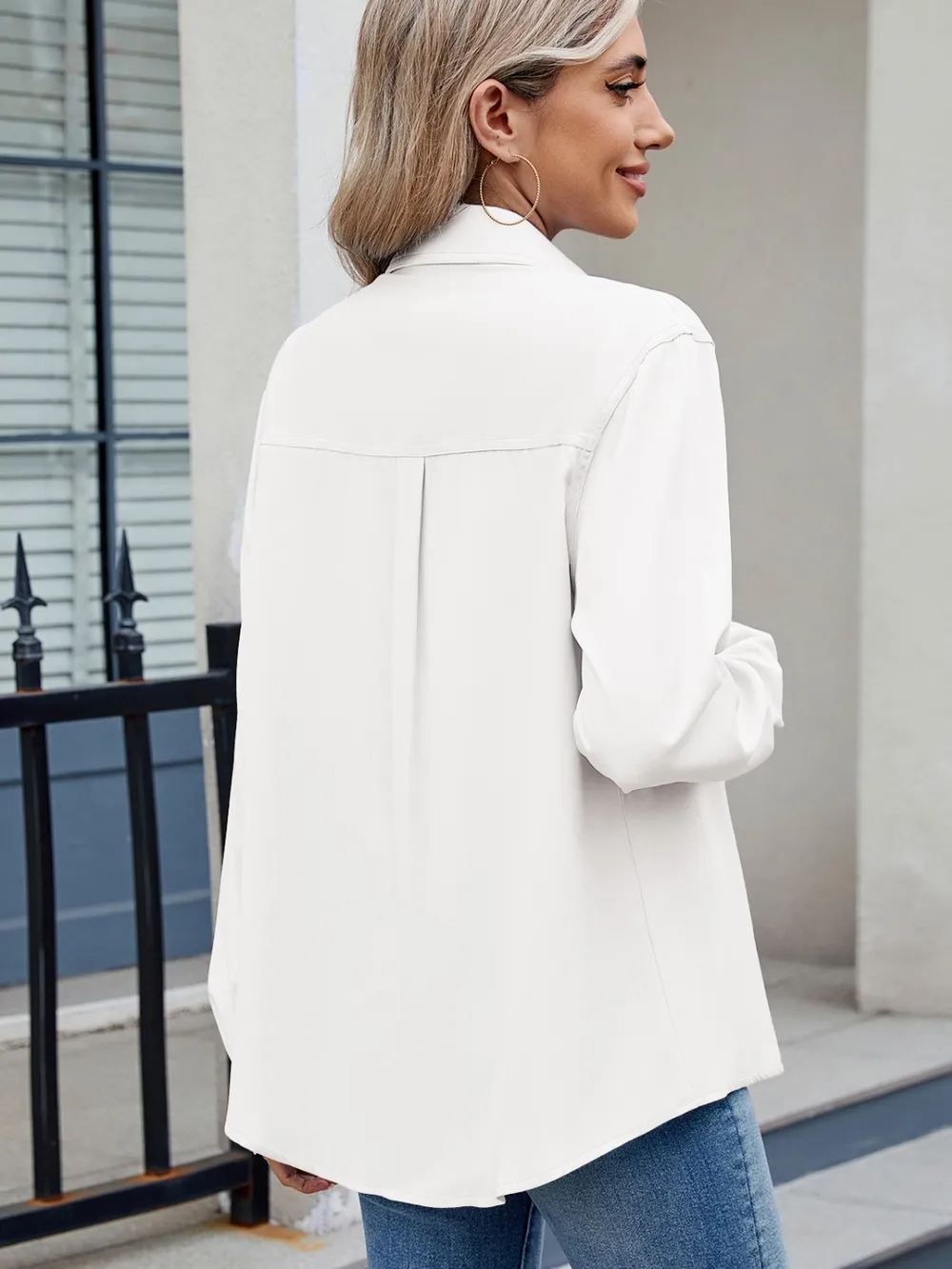 Solid Color Collared Neck Long Sleeve Shirt, image 7