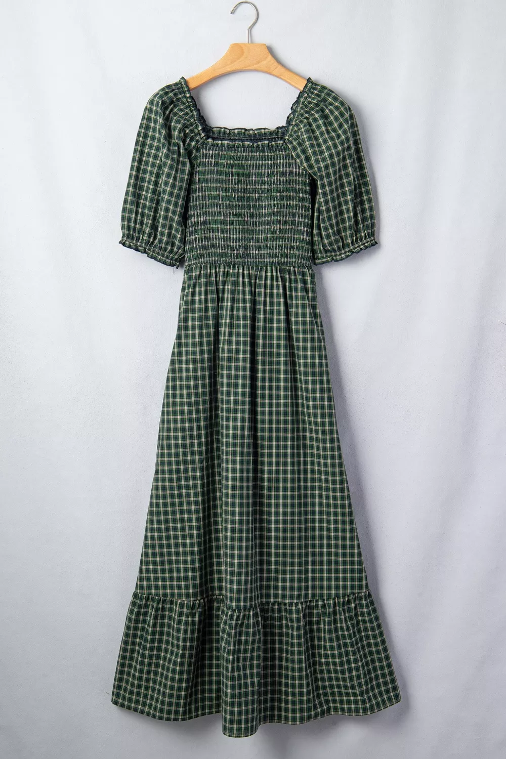 Plaid Square Neck Shirred High Waist Ruffle Hem Maxi Dress, image 6