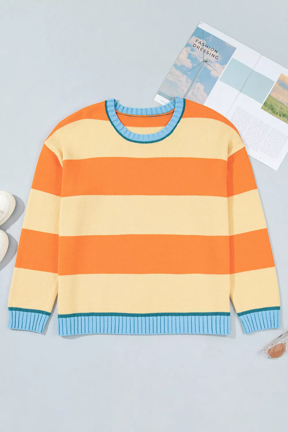 Plus Size Striped Color Block Round Neck Long Sleeve Oversized Sweater, image 3