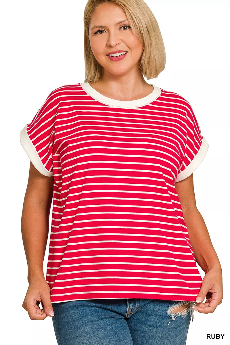 Full Size Contrast Trim Cap Sleeve Stripe Tee Plus Size, image 3