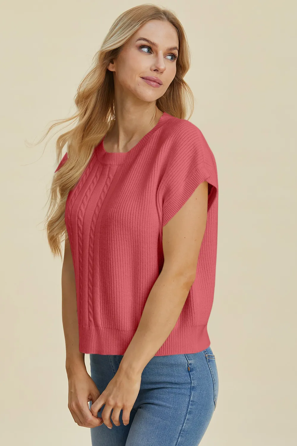 Full Size Cable-Knit Round Neck Short Sleeve Sweater, image 9