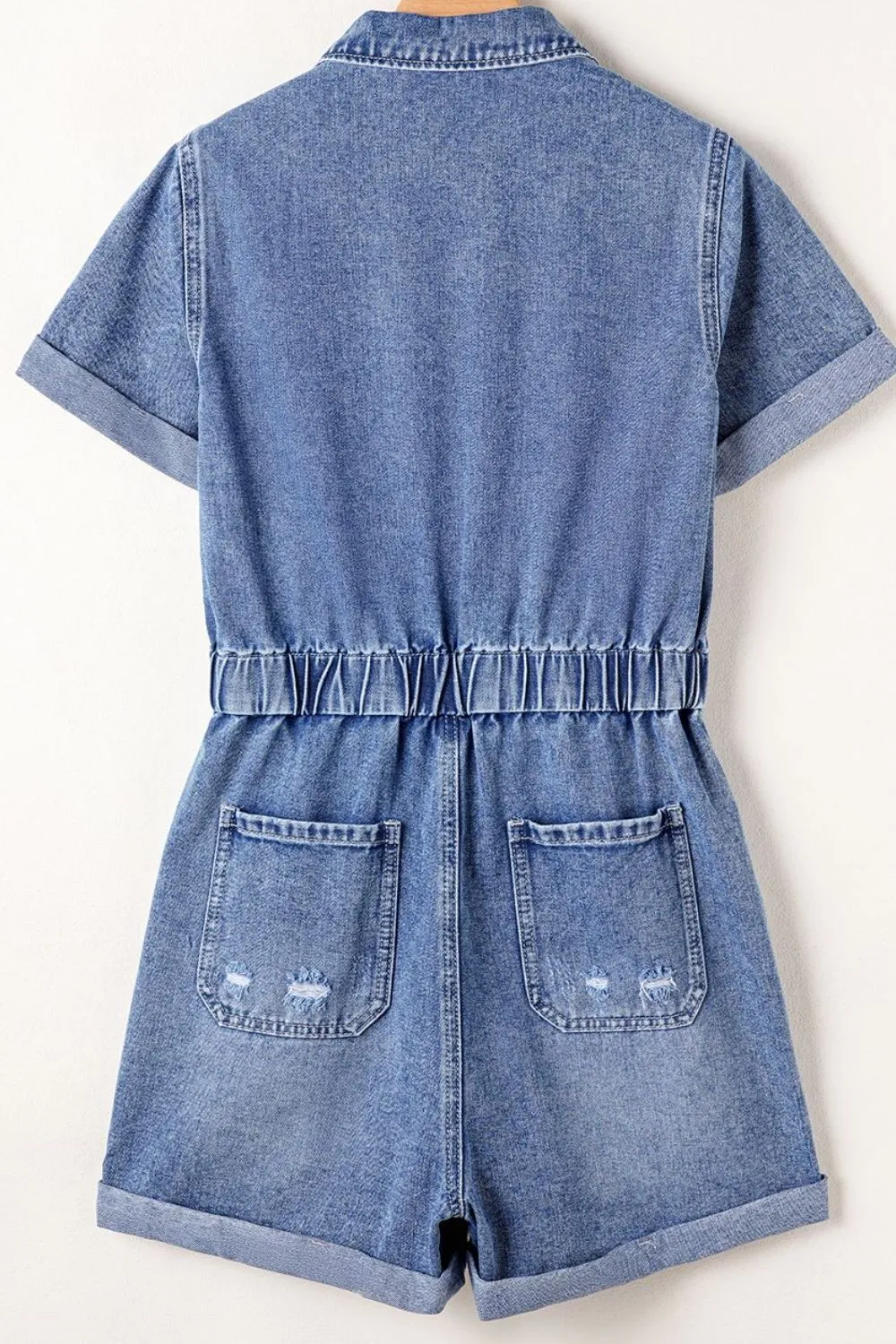 Chest Pocket Front Buttoned Folded Edge Denim Short Sleeve Romper, image 6