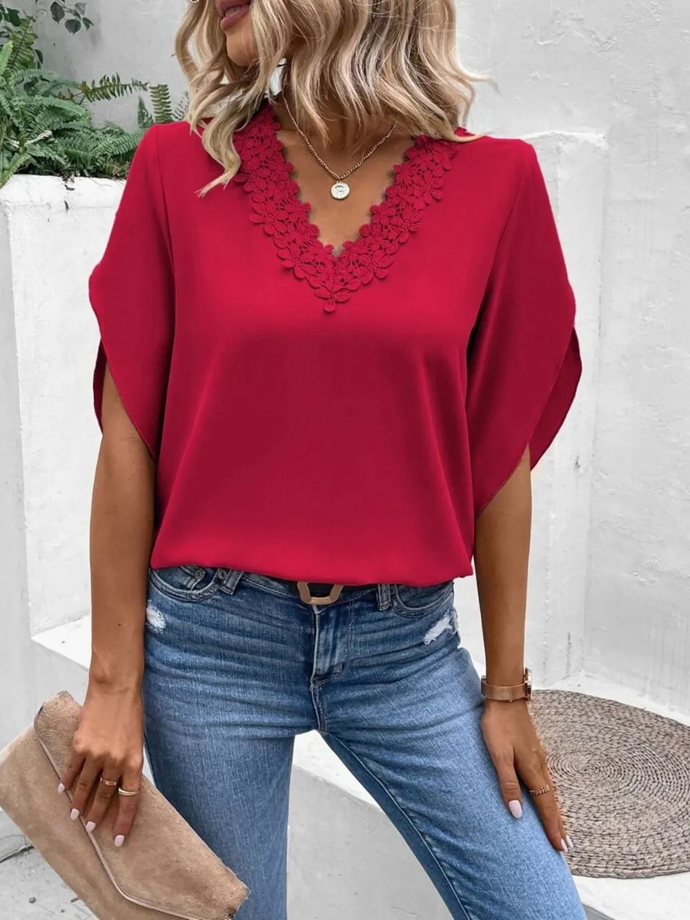 Lace Detail V-Neck Half Sleeve Blouse, image 7