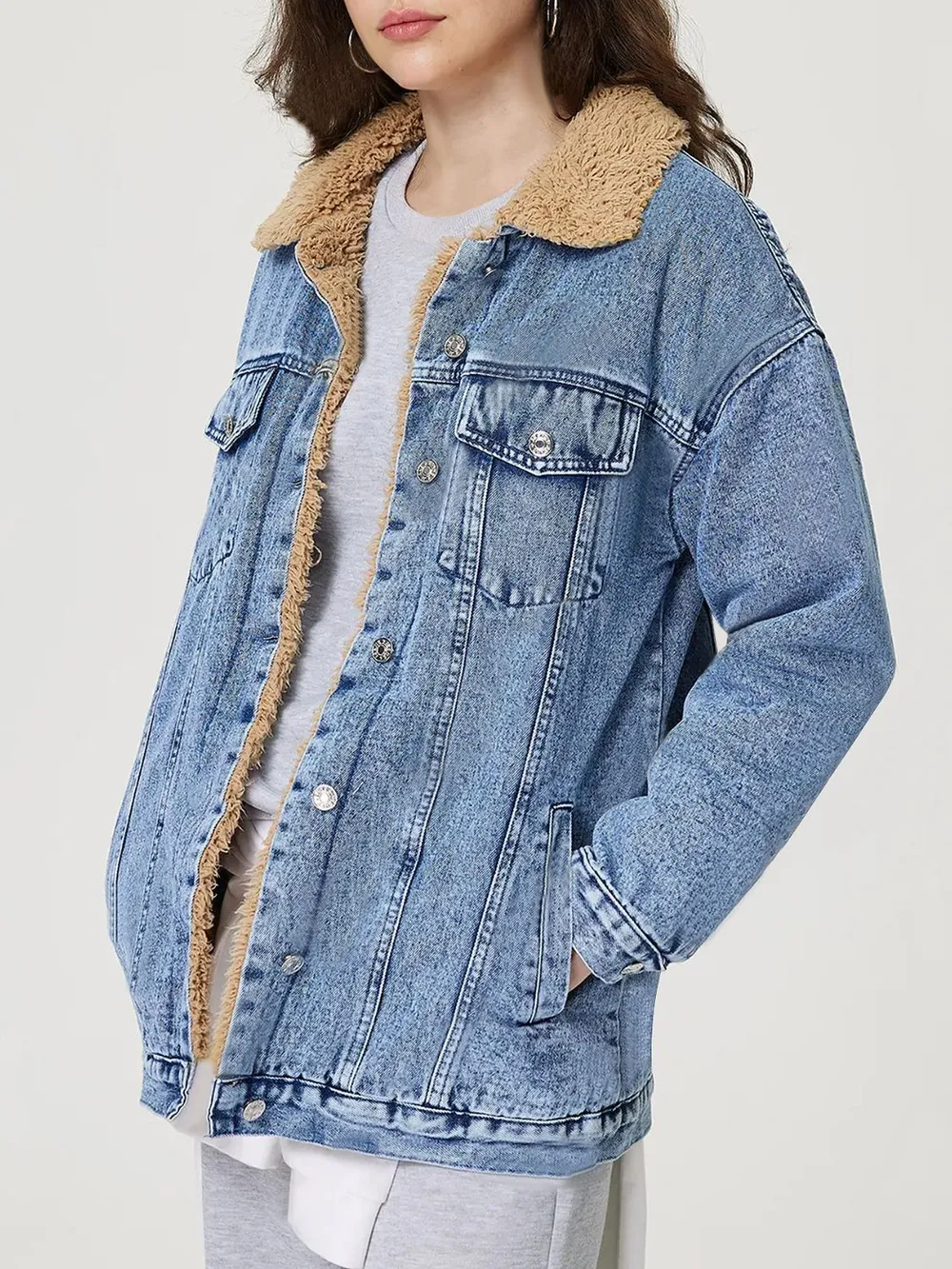 Button Up Collared Neck Plush Denim Jacket, image 3