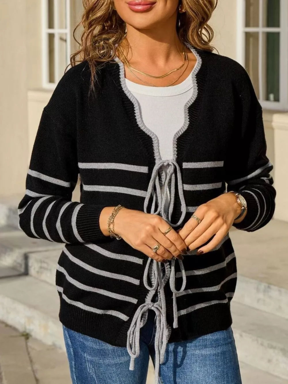 Striped Tie Front Knit Cardigan, image 8
