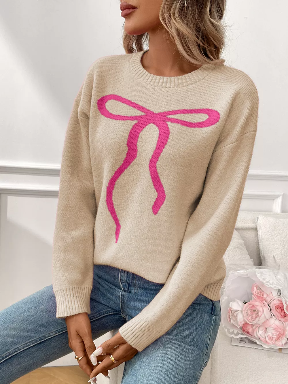 Bow Round Neck Long Sleeve Sweater, image 11