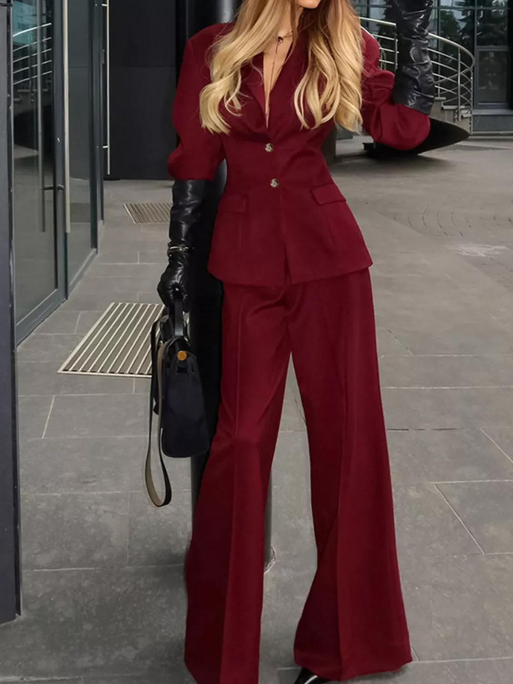 Lapel Collar Blazer and Wide-Leg Pants Set, image 8