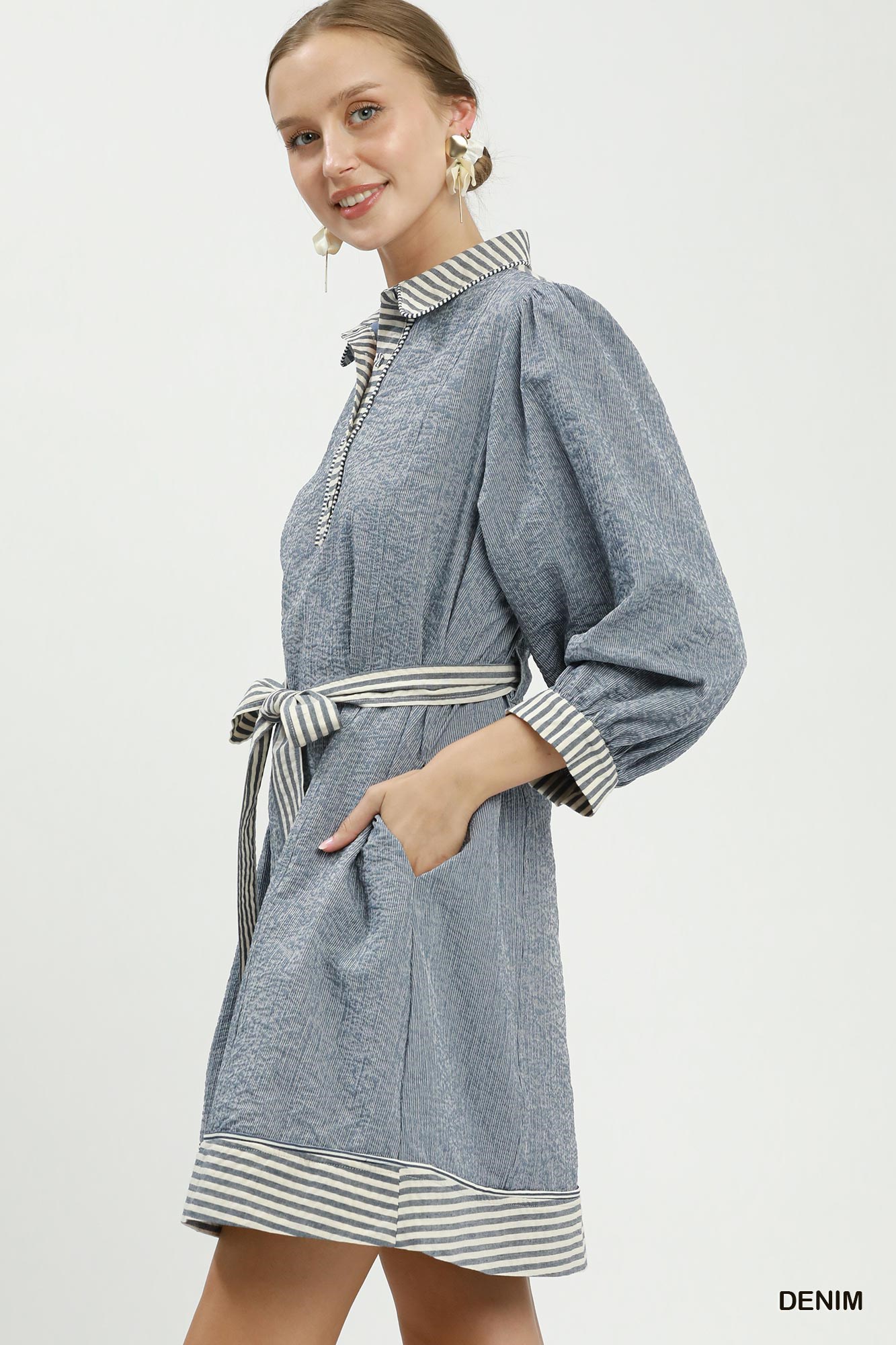 Striped Contrast Belted Puff Sleeve Mini Dress, image 3