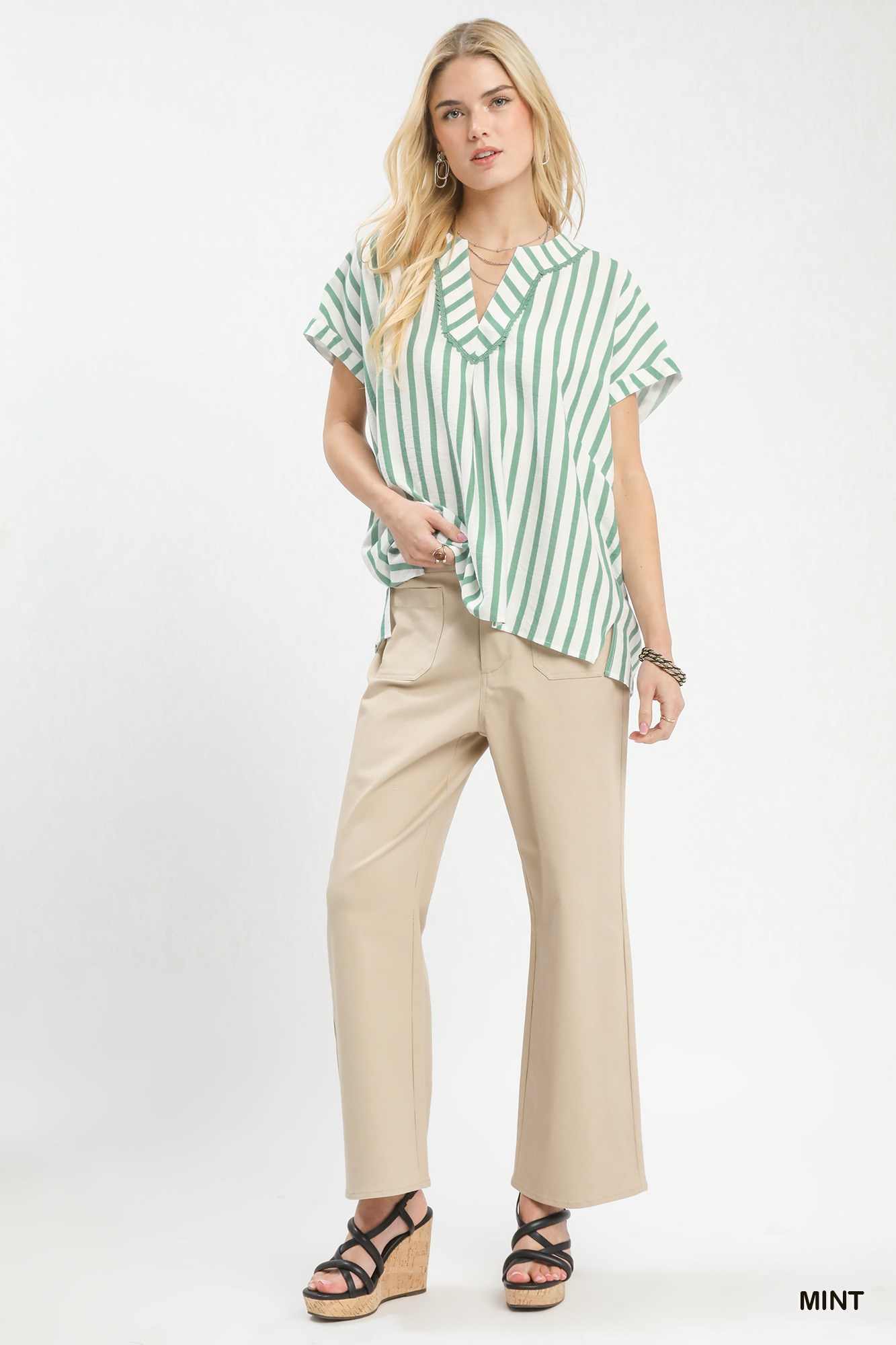 Mixed Stripe Split Neck Oversized Blouse, image 4