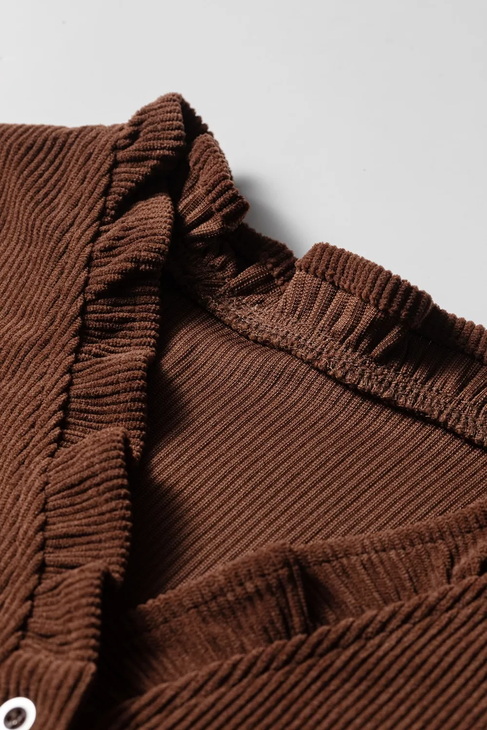 Solid Color Ruffle Trim V Neck Long Sleeve Button Corduroy Shakcet, image 7