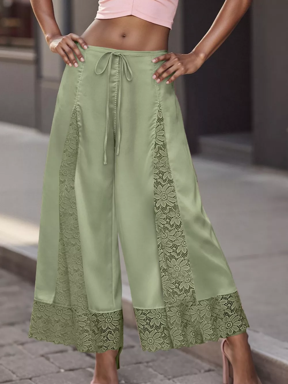 Lace Trim Wide-Leg Cropped Pants, image 18