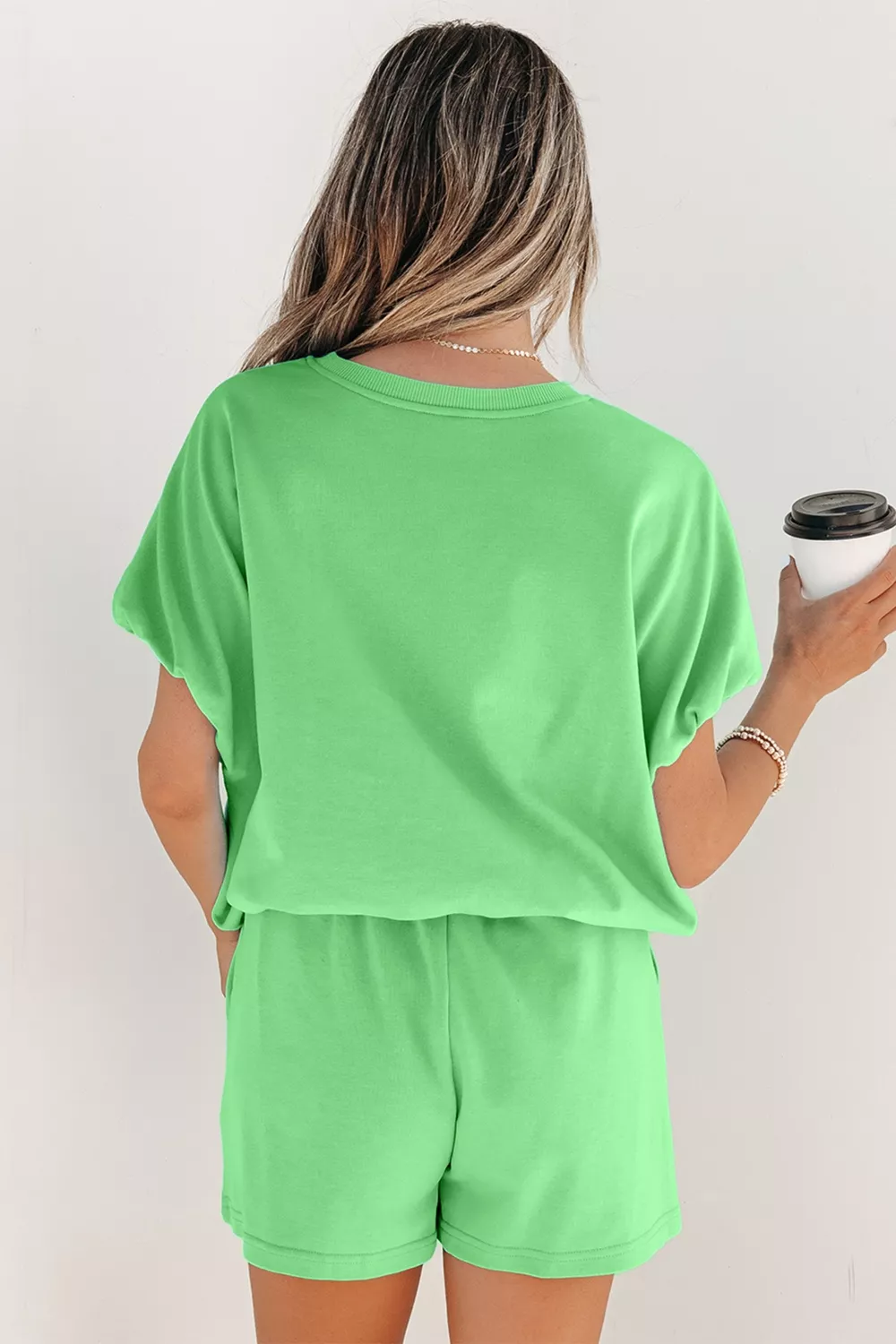 Solid Color Puffy Loose Top Drawstring Shorts 2pcs Outfit, image 3