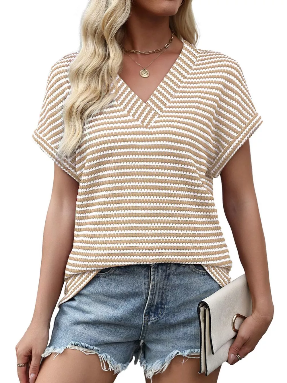 Striped V-Neck Relaxed Fit T-Shirt, image 2