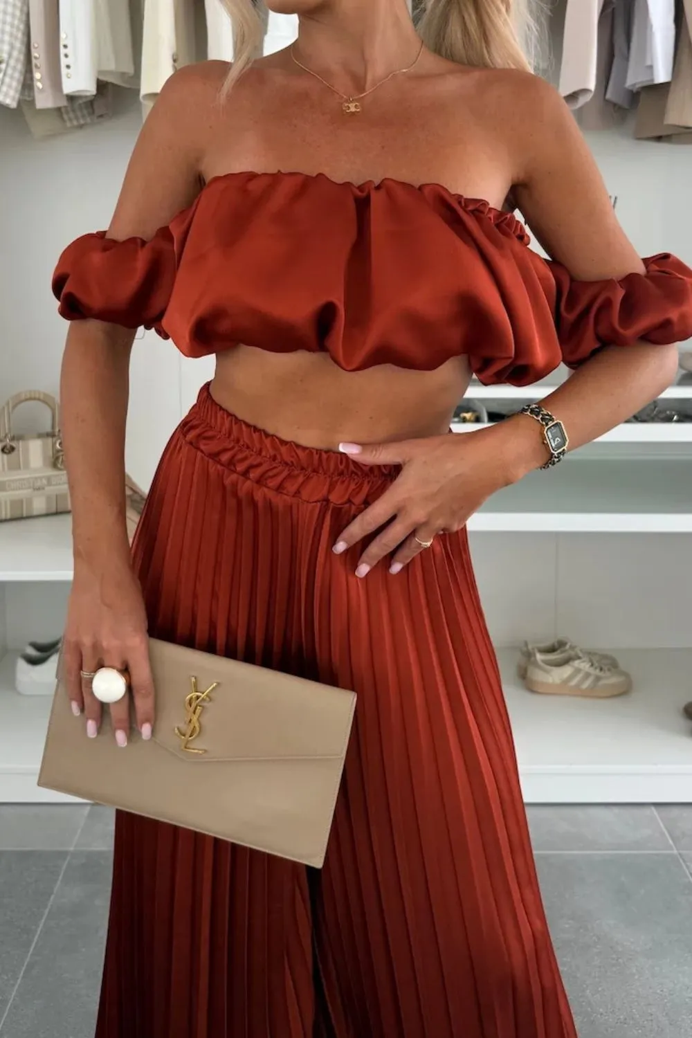 Off-Shoulder Top and Pleated Pants Set, image 8
