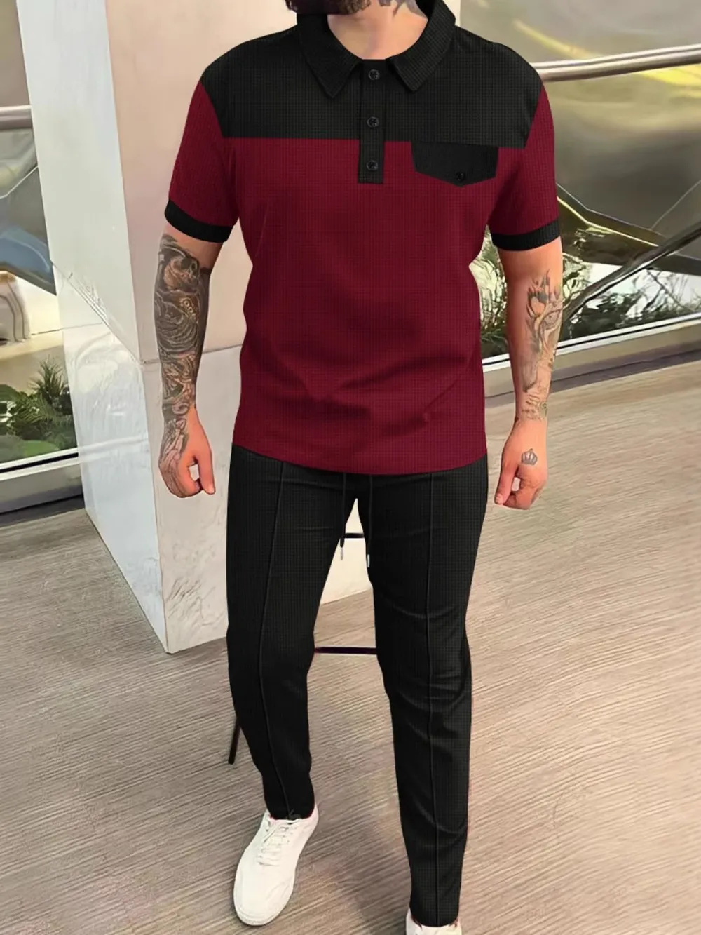 Men‘s Full Size Waffle-Knit Contrast Top and Pants Set Plus Size, image 2