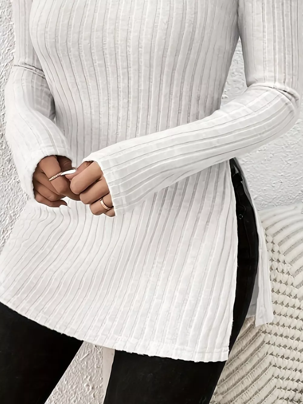 Plus Size Slit Ribbed Turtleneck Long Sleeve T-Shirt, image 6