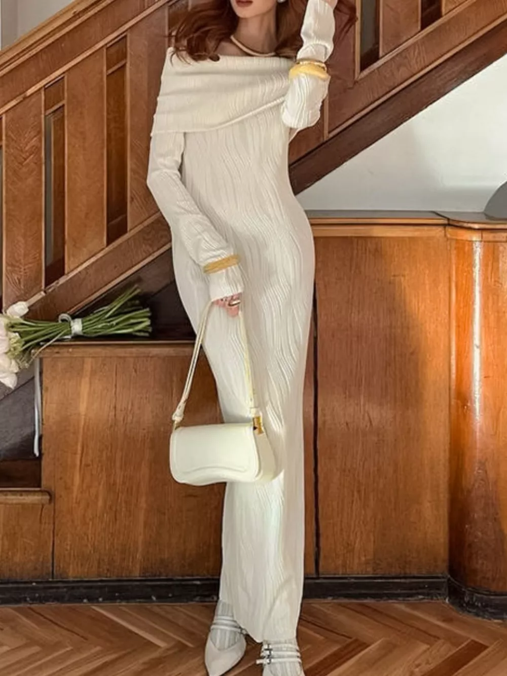 Off-Shoulder Textured Knit Maxi Dress, image 4