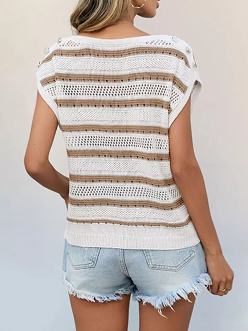 Openwork Round Neck Cap Sleeve Knit Top, image 4