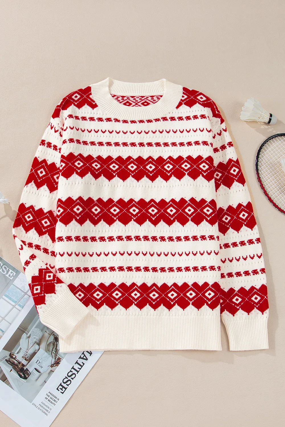 Geometric Round Neck Dropped Shoulder Sweater, image 3