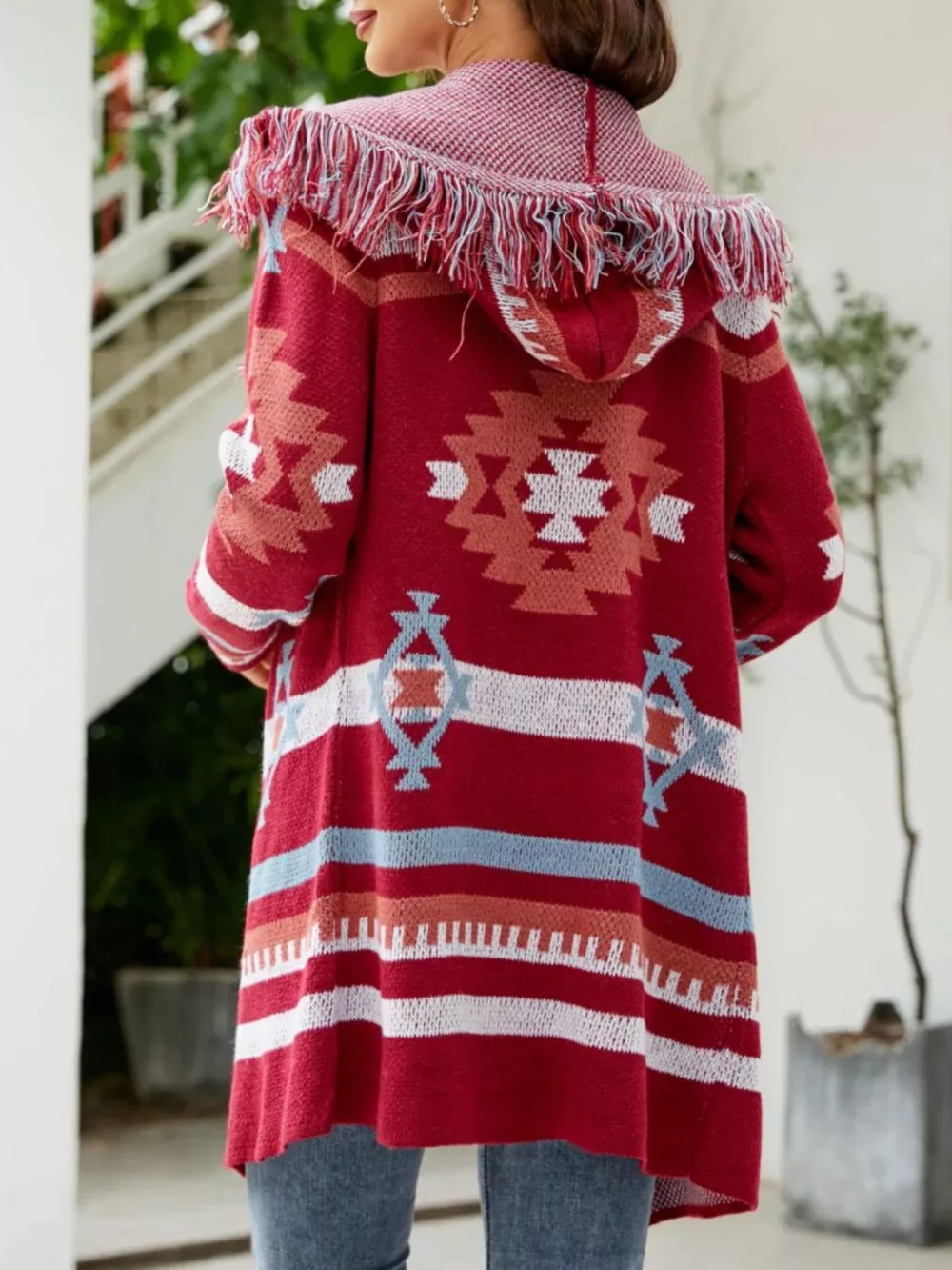 Fringe Geometric Hooded Cardigan, image 3