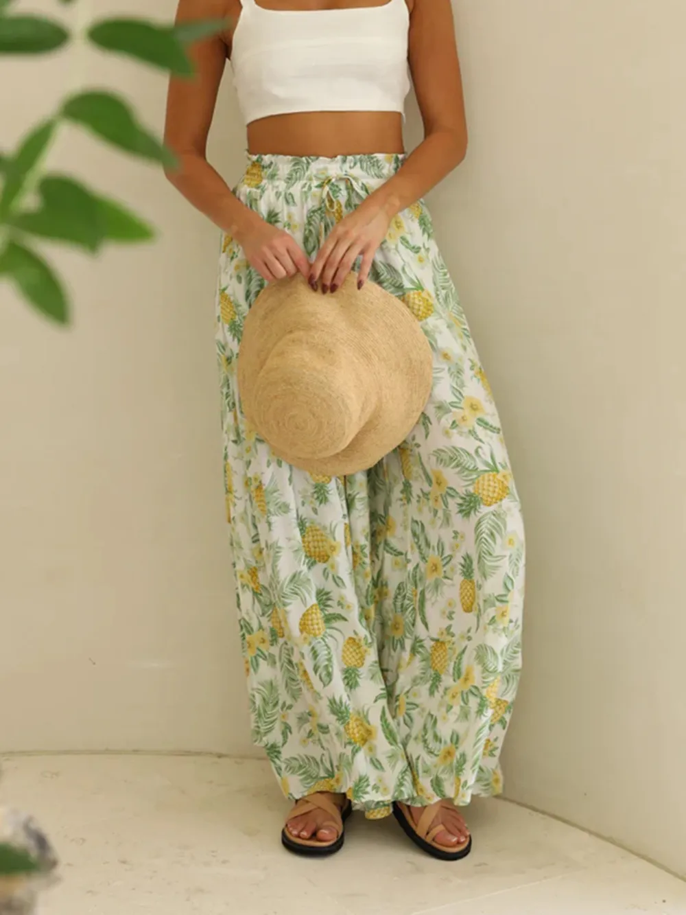 Drawstring Paperbag Waist Printed Wide Leg Pants, image 6