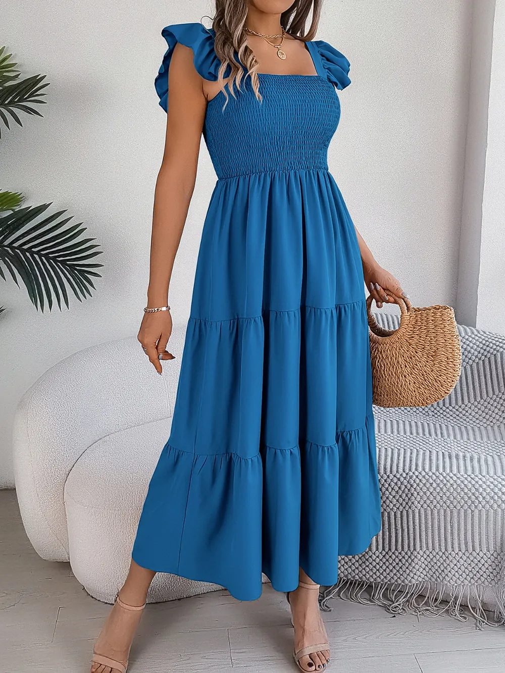 Smocked Square Neck Cap Sleeve Midi Dress, image 10