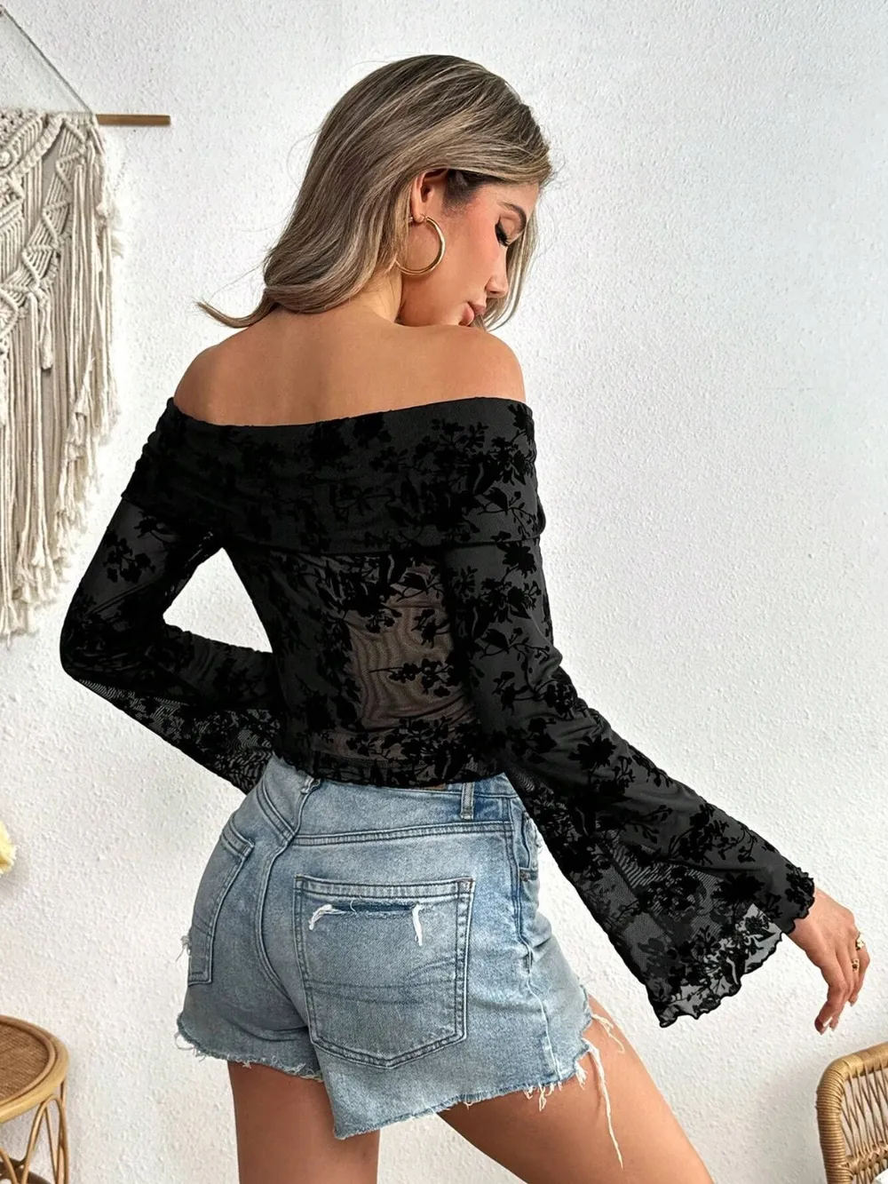 Off-Shoulder Flare Sleeve Lace Top, image 2