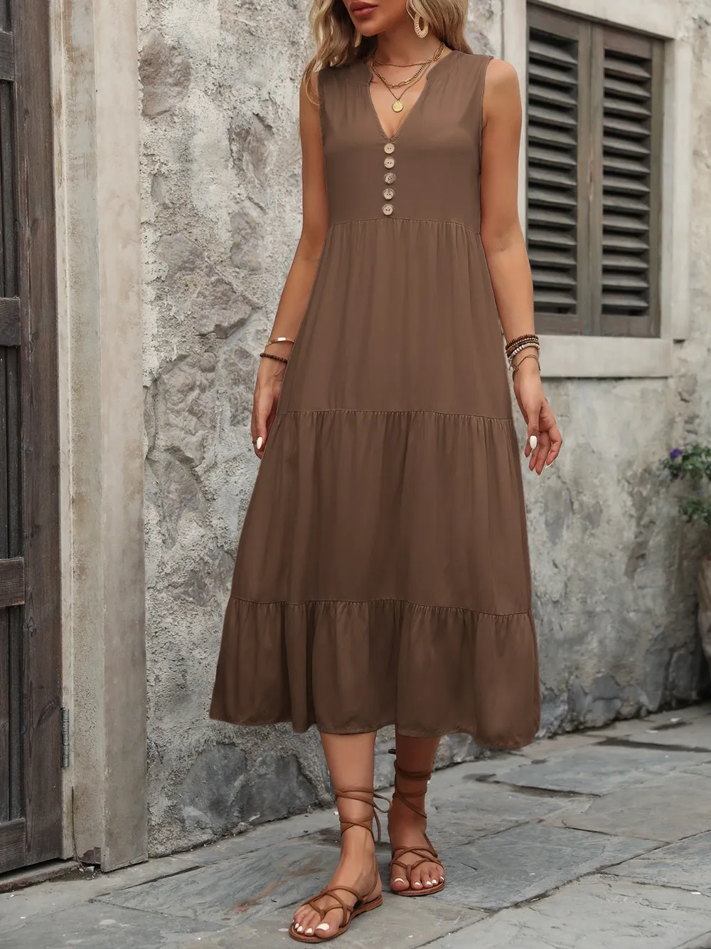 Decorative Button Notched Sleeveless Dress, image 9