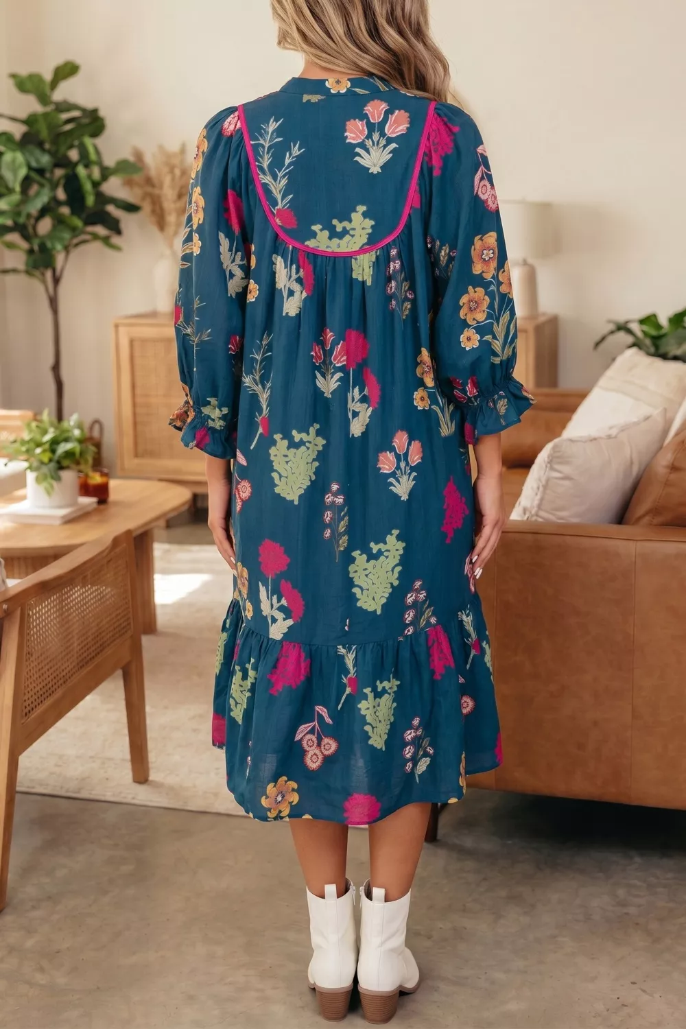 Floral Print Gathered Neckline 7/8 Sleeve Casual Midi Dress, image 2