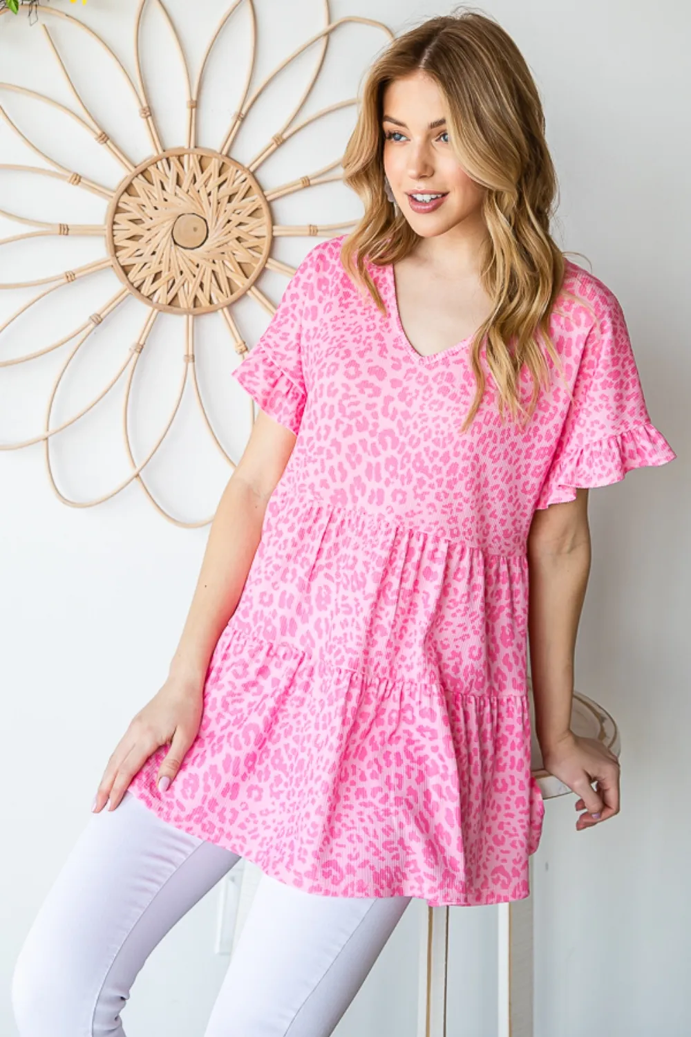 Full Size Leopard Ruffle Trim Short Sleeve Top, image 6