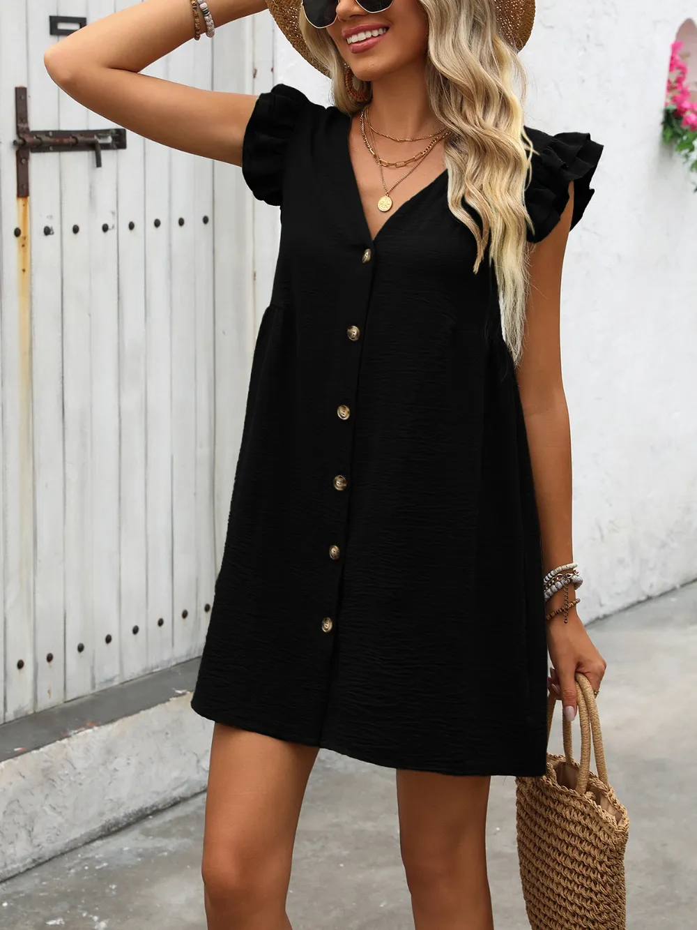 Button Up V-Neck Cap Sleeve Mini Dress, image 9
