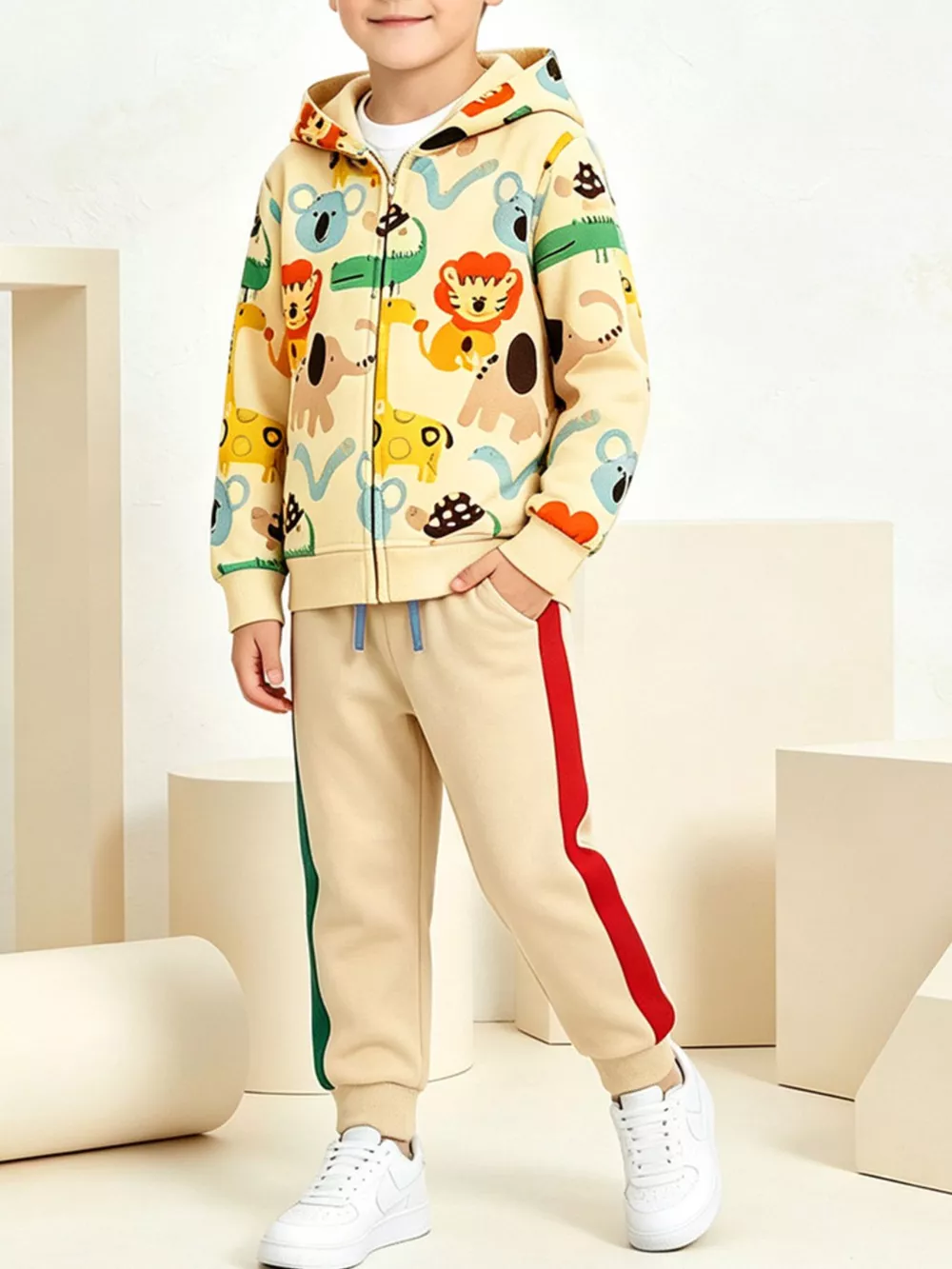 Children's Cartoon Animal Print Zip-Up Hoodie and Pants Set