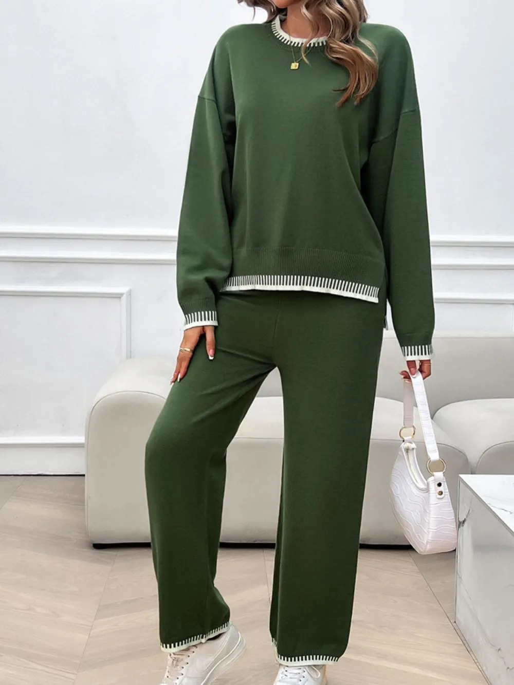 Round Neck Dropped Shoulder Top and Pants Sweater Set, image 12