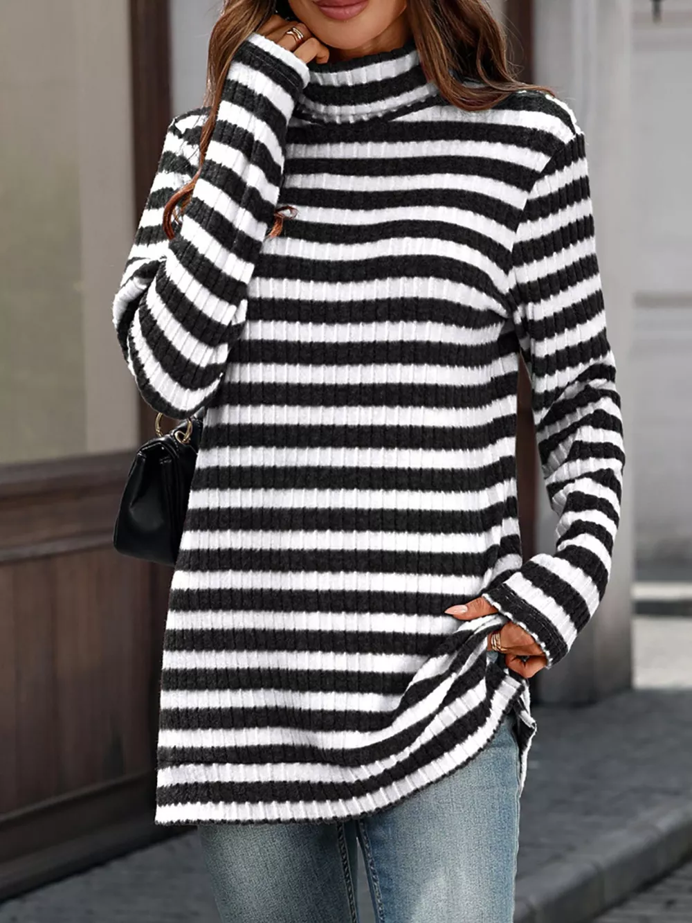 Striped Turtleneck Long Sleeve Knit Top, image 3