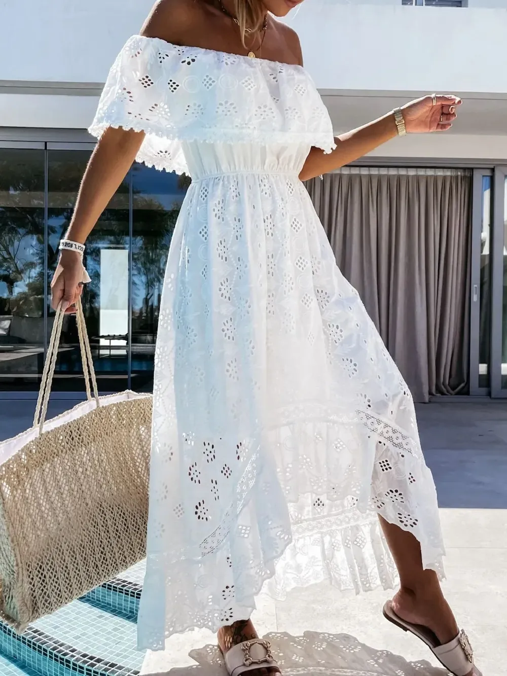 Eyelet Ruffled Hem Off-Shoulder Dress, image 3