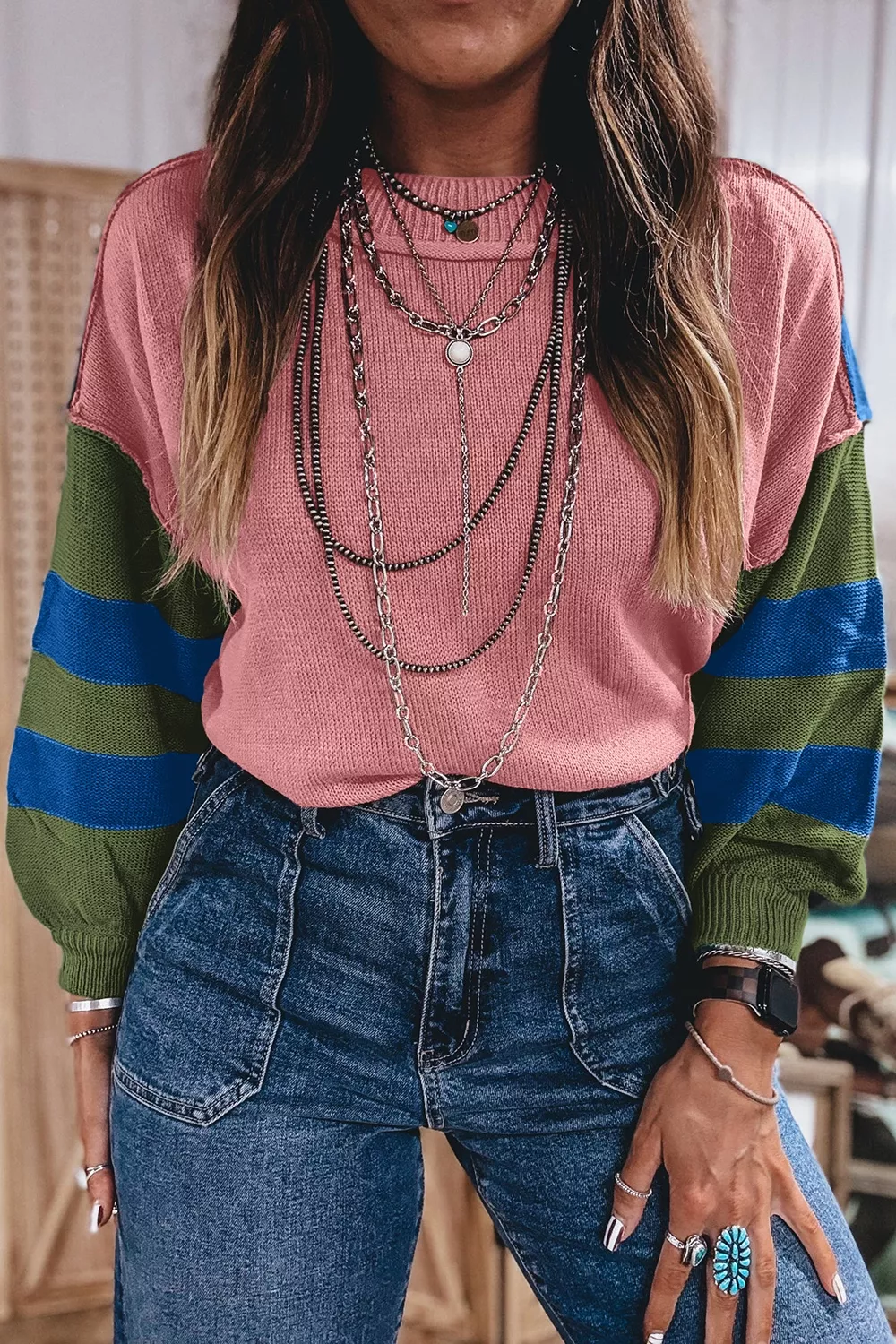 Multicolour Western Colorblock Patchwork Striped Long Sleeve Sweater, image 3