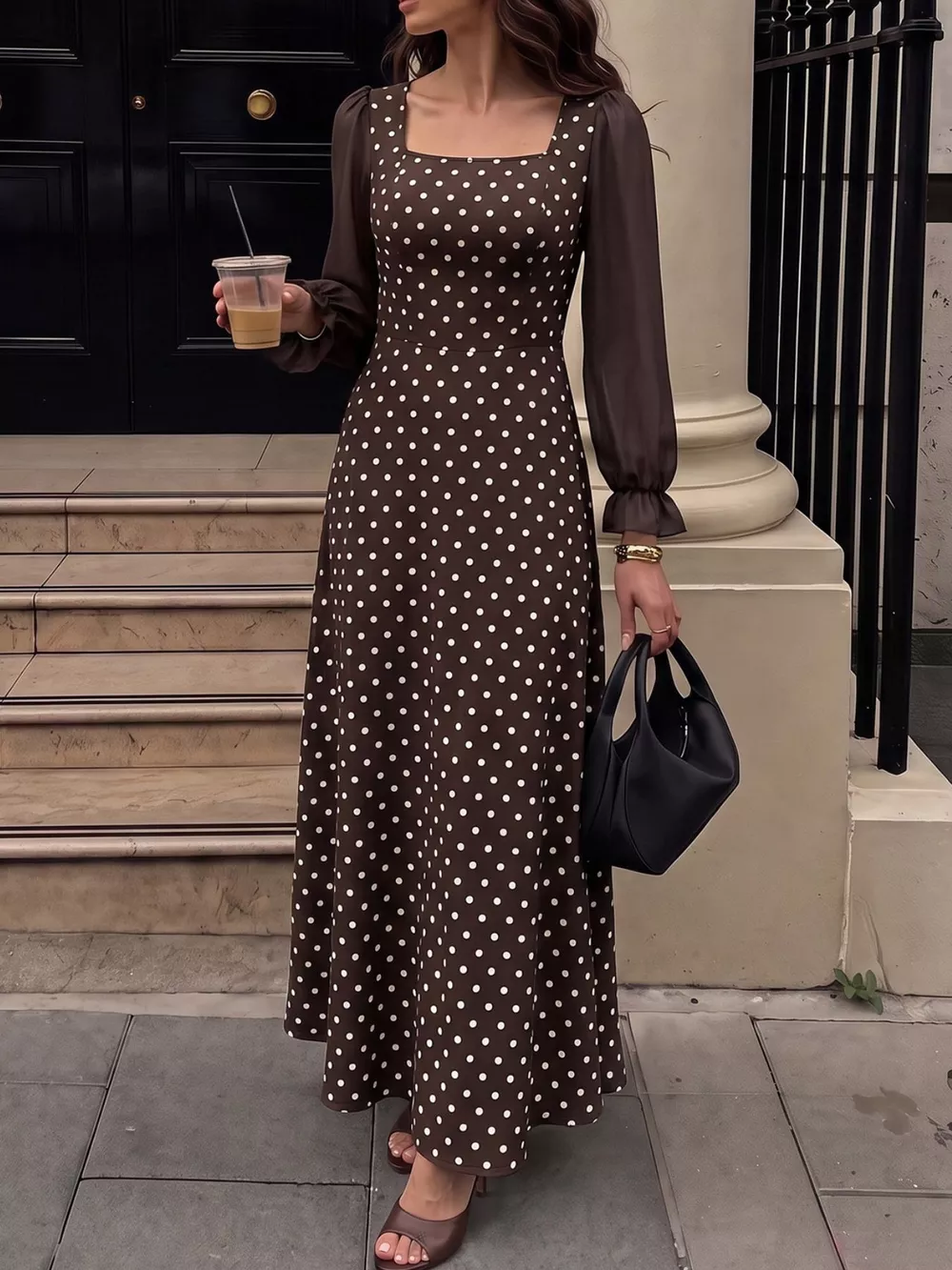 Polka Dot Square Neck Long Sleeve Maxi Dress, image 2