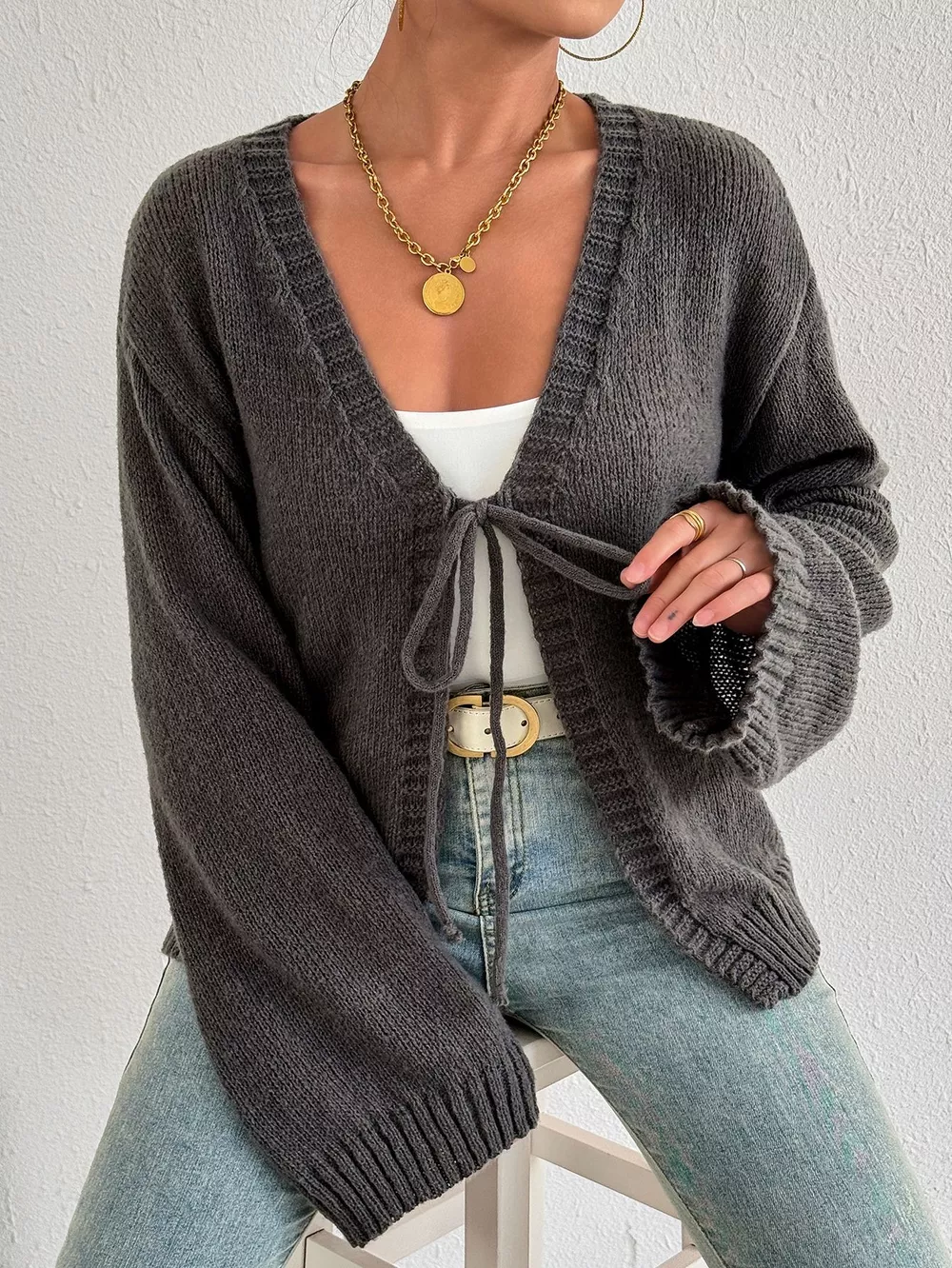 Tie-Front Dropped Shoulder Cardigan, image 2