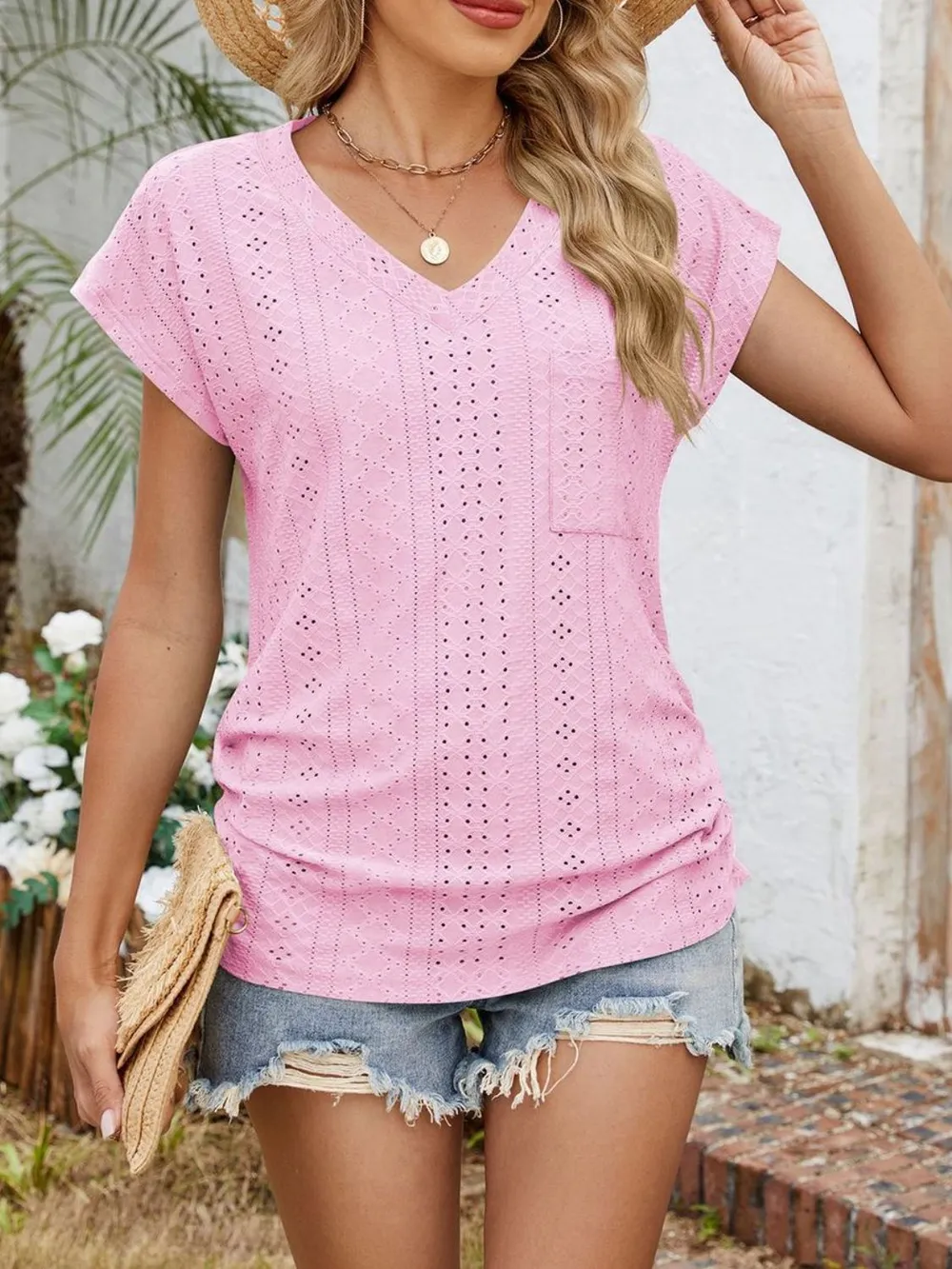 Eyelet V-Neck Short Sleeve Top, image 19