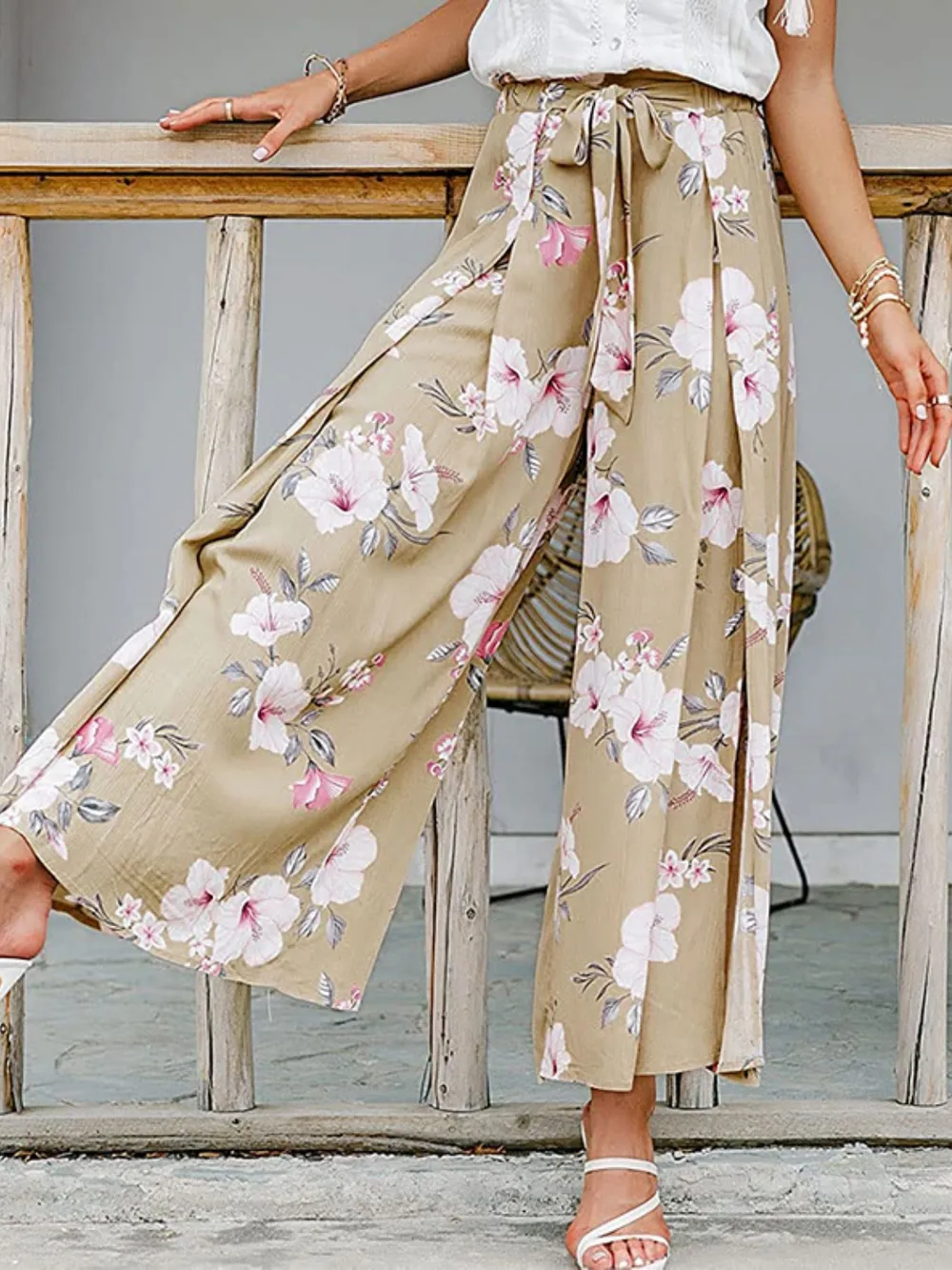 Tied Waist Slit Floral Wide leg Pants, image 4