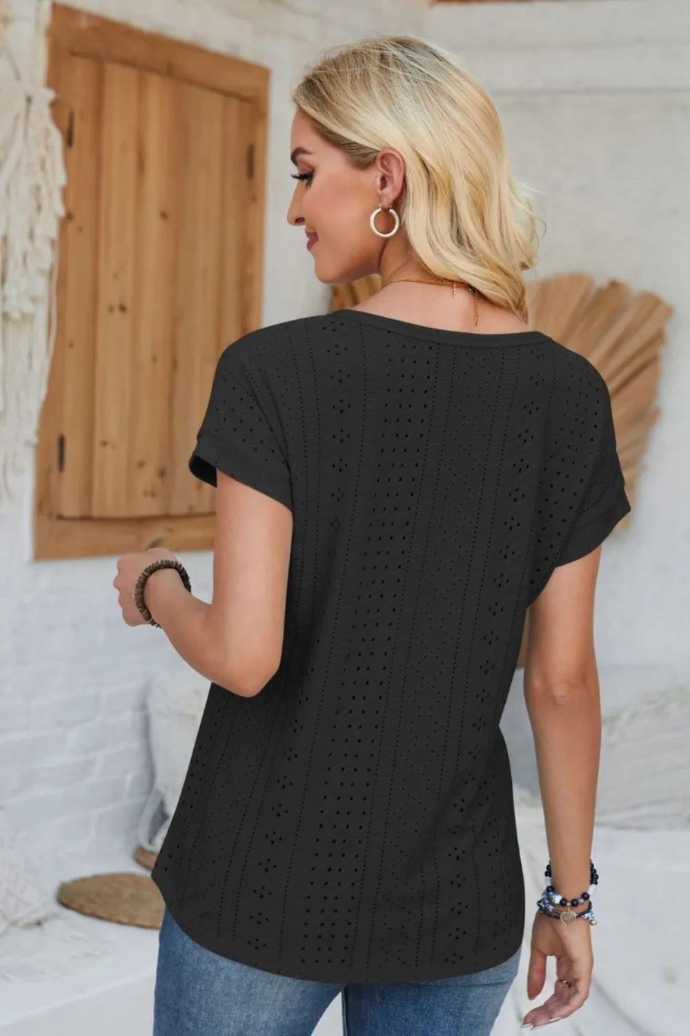 Eyelet Round Neck Rolled Short Sleeve T-Shirt, image 20