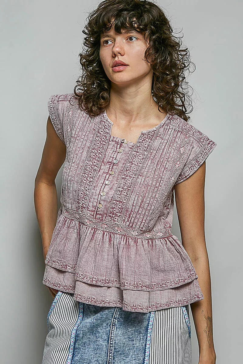POL Eyelet Embroidery Pintuck Sleeveless Blouse