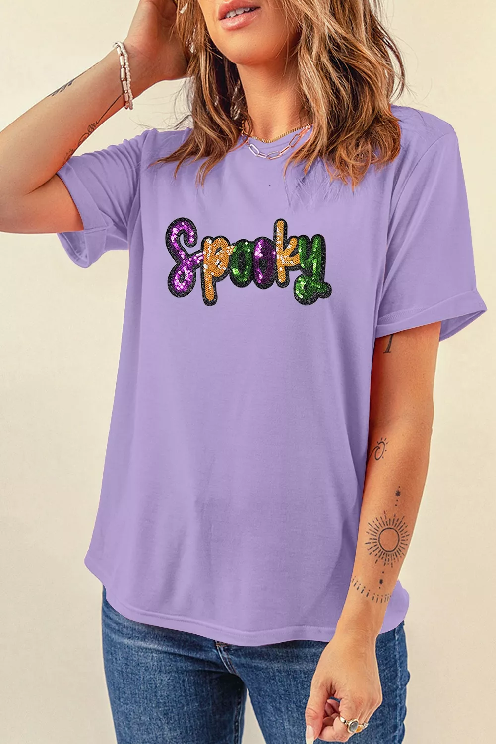 Full Size Spooky Sequin Letter Patched Cotton Blend T Shirt Plus Size, image 4